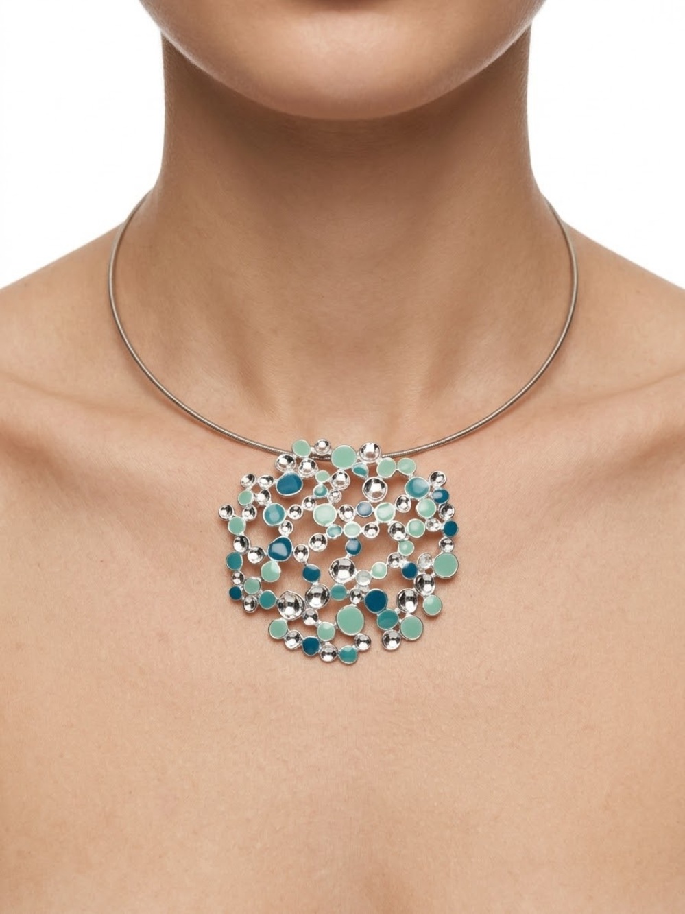 Caracol Choker Necklace with Multi-Tone Aqua Circle Pendant - Women Jewelry
